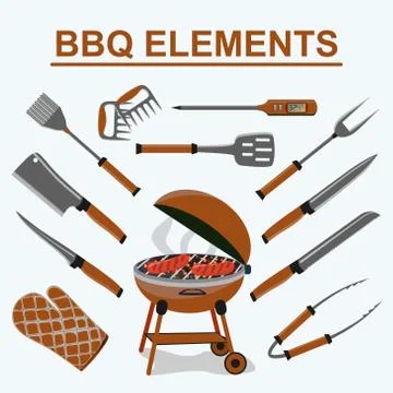 Set of different tools for barbecue party. Meat cutting knife and kitchen ton Stock Illustration