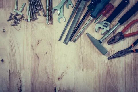Set of different tools on wooden background Stock Photos