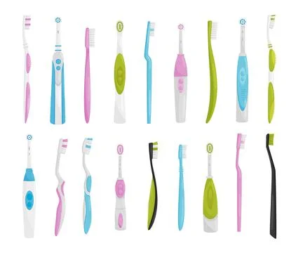 Set of different toothbrushes. Plastic electrical automatic toothbrush for Stock Illustration