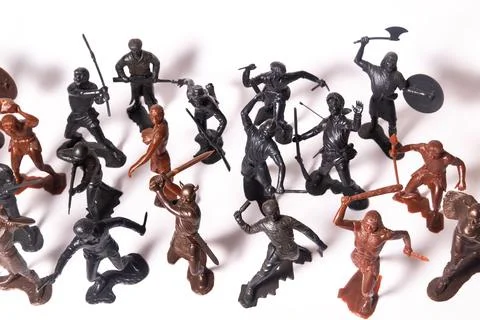 A set of different toy figures of soldiers on a white background Stock Photos