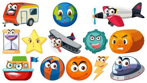Set of different toy objects with smiley faces Illustrazione stock