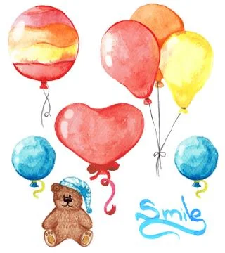 Set of different toys. Bear, balloons. Lettering smile. Hand draw watercolor. Stock Illustration