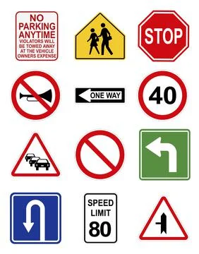 Set with different traffic signs on white background. Illustration 스톡 일러스트