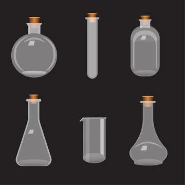 Set of different transparent flasks with tube on black background Stock Illustration