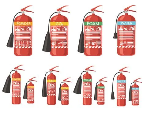Set of different type and size fire extinguisher flat vector illustration Stock Illustration