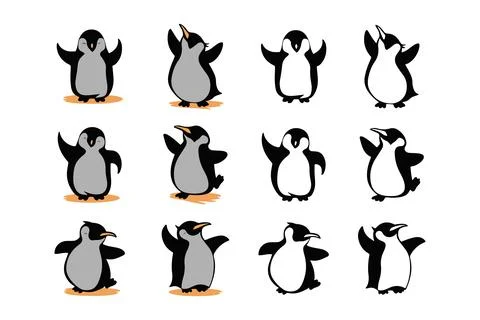 Set of different type of black cute Emperor penguin outline vector illustrati 스톡 일러스트