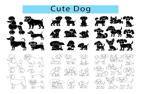 Set of different type of black cute Dog outline vector illustration Stock Illustration