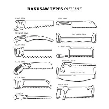 Set different type of hand saw tools outline collection with line art style.. Stock Illustration