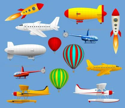 Set of different types of air transport. Airplanes, helicopters, balloons and Stock Illustration