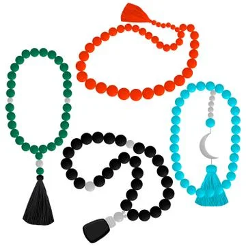 Set different types of beads for rosary with tassel Stock Illustration