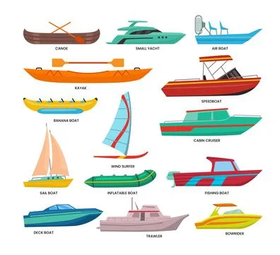 Set of different types of boat set collection, boat types, Wooden ships for.. Stock Illustration