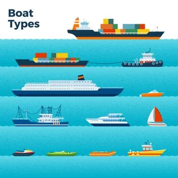 Set of different types of boats on blue waves vector illustration in a flat Stock Illustration