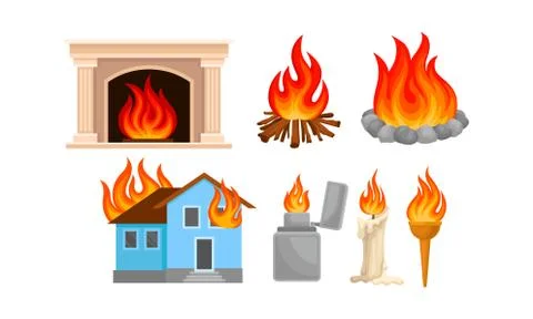 Set of different types of bonfires and fires. Vector illustration on a white Illustration