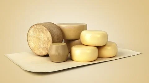 Set of different types of cheese presentation option 3d render on color grsdi Stock Illustration