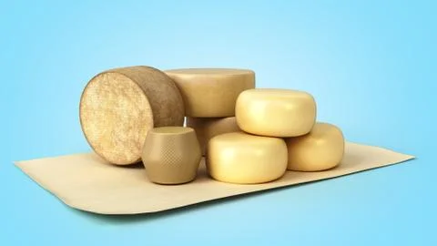 Set of different types of cheese presentation option 3d render on blue gradie Stock Illustration