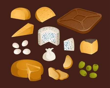 Set of different types of cheeses and appetizers for wine on a brown backgr.. Stock Illustration