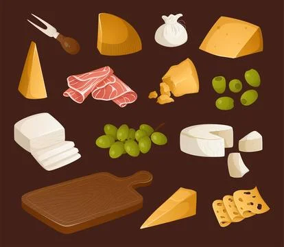 Set of different types of cheeses, fruits and other appetizers for wine on .. Stock Illustration