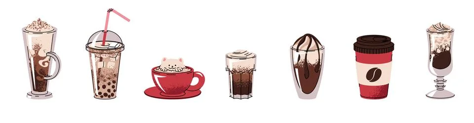 Set of different types of coffee drinks. Espresso, americano cup, cappuccin.. Stock Illustration