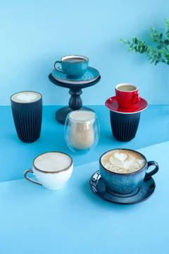 Set of different types of coffee, latte, cappuccino, mocha, americano black Stock Photos