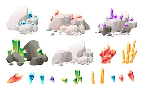 Set of different types colored shine mineral ore flat vector illustration on Illustrazione stock