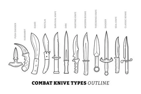 Set of different types of combat knife doodle collection, combat knives out.. Stock Illustration
