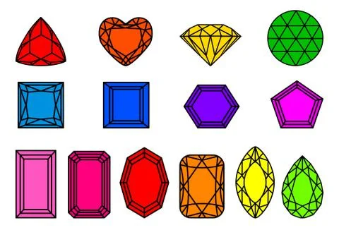Set of different types of cut diamonds of different colors Illustrazione stock