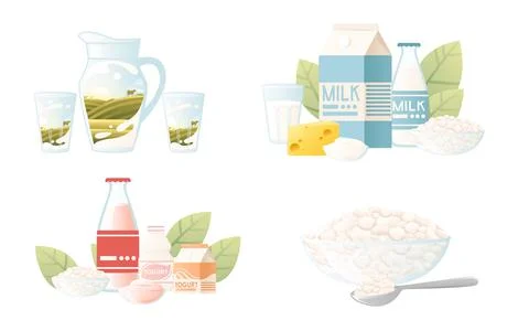 Set of different types of dairy product packaging cardboard plastic or glass Stock Illustration