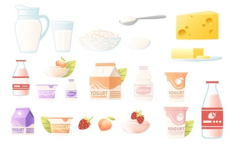 Set of different types of dairy product packaging cardboard plastic or glass Stock Illustration