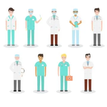 Set of different types of doctors in medical attire engaged in their work. Stock Illustration