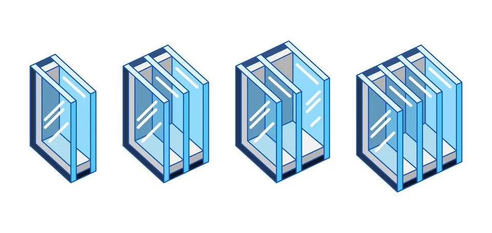 Set of different types double glazed windows. PVC plastic or aluminum metal Ilustración de archivo
