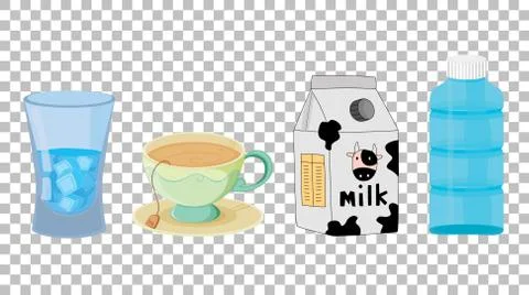 Set of different types of drinks isolated on transparent background Illustrazione stock