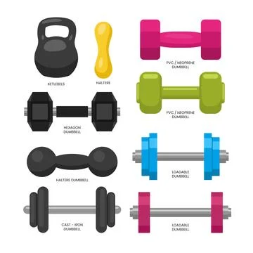 Set of different types of dumbell, weightlifting barbells, Workouts or diet.. Stock Illustration