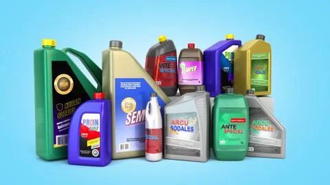 Set of different types of engine oil cans presentation option 3d render on bl Stock Illustration