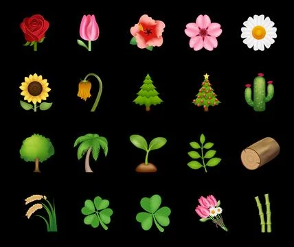 Set of different types of flowers, trees and plants vector emoji illustration Stock Illustration