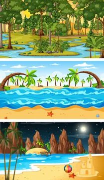 Set of different types of forest horizontal scenes Ilustração Stock