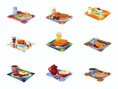 Set of different types of fresh breakfast. Vector illustration in flat cartoon Illustrazione stock
