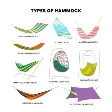 Set of different types of hammock set collection with cartoon style, tools .. Stock Illustration