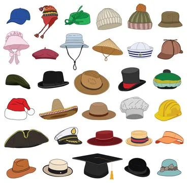 Set different types hats Isolated on White Background Ilustración de archivo