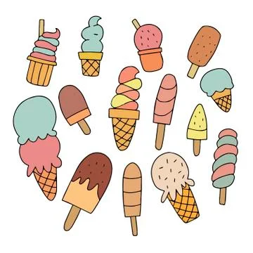 Set of different types of ice cream in waffle cups and on a stick on a white Stock Illustration