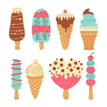 Set of different types of ice cream bar on a stick Isolated Stock Illustration