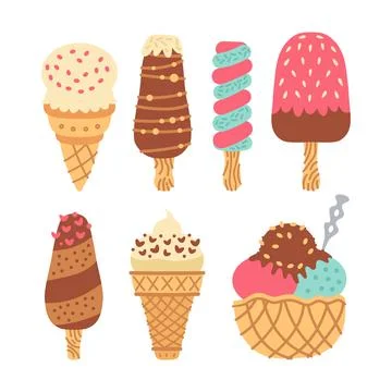 Set of different types of ice cream bar on a stick Isolated Stock Illustration