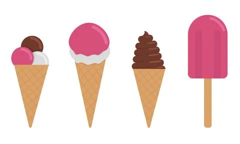 Set of different types of ice cream. Food for refreshment in hot weather. Flat Stock Illustration
