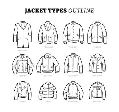 Set of different types of jacket outline collection with line art style, le.. Stock Illustration