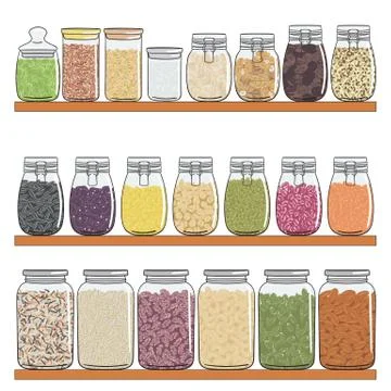 Set of different types of jars with grains, nuts, seeds beans on shelf Stock Illustration