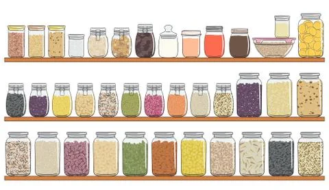 Set of different types of jars with grains, nuts, seeds beans on shelf Stock Illustration
