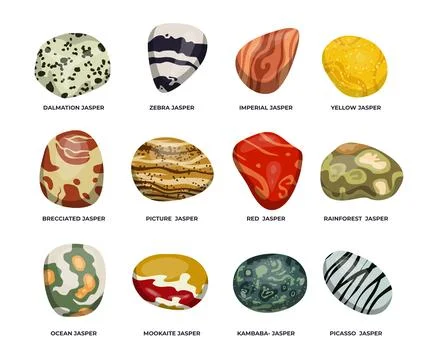 Set of different types of jasper stone collection, Semi precious gemstones .. Illustrazione stock