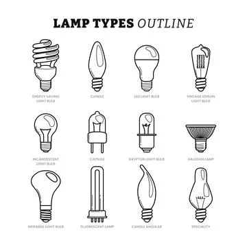 Set of different types of Lamp Light Bulb outline collection with line art .. Stock Illustration