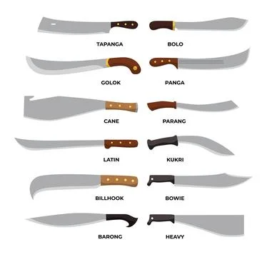 Set of different types of machete knife collection, Military hunting knives.. Stock Illustration