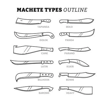 Set of different types of machete knife outline collection with line art st.. イラスト素材