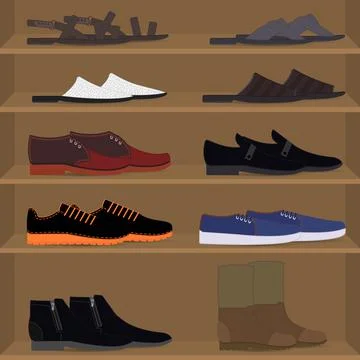 Set different types of mens pair shoes and boots on the shelves. Stock Illustration